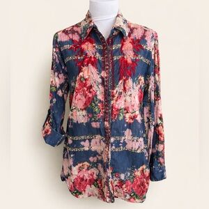 Vintage Goa Floral Embroidered Button Down Shirt M Cotton Boho